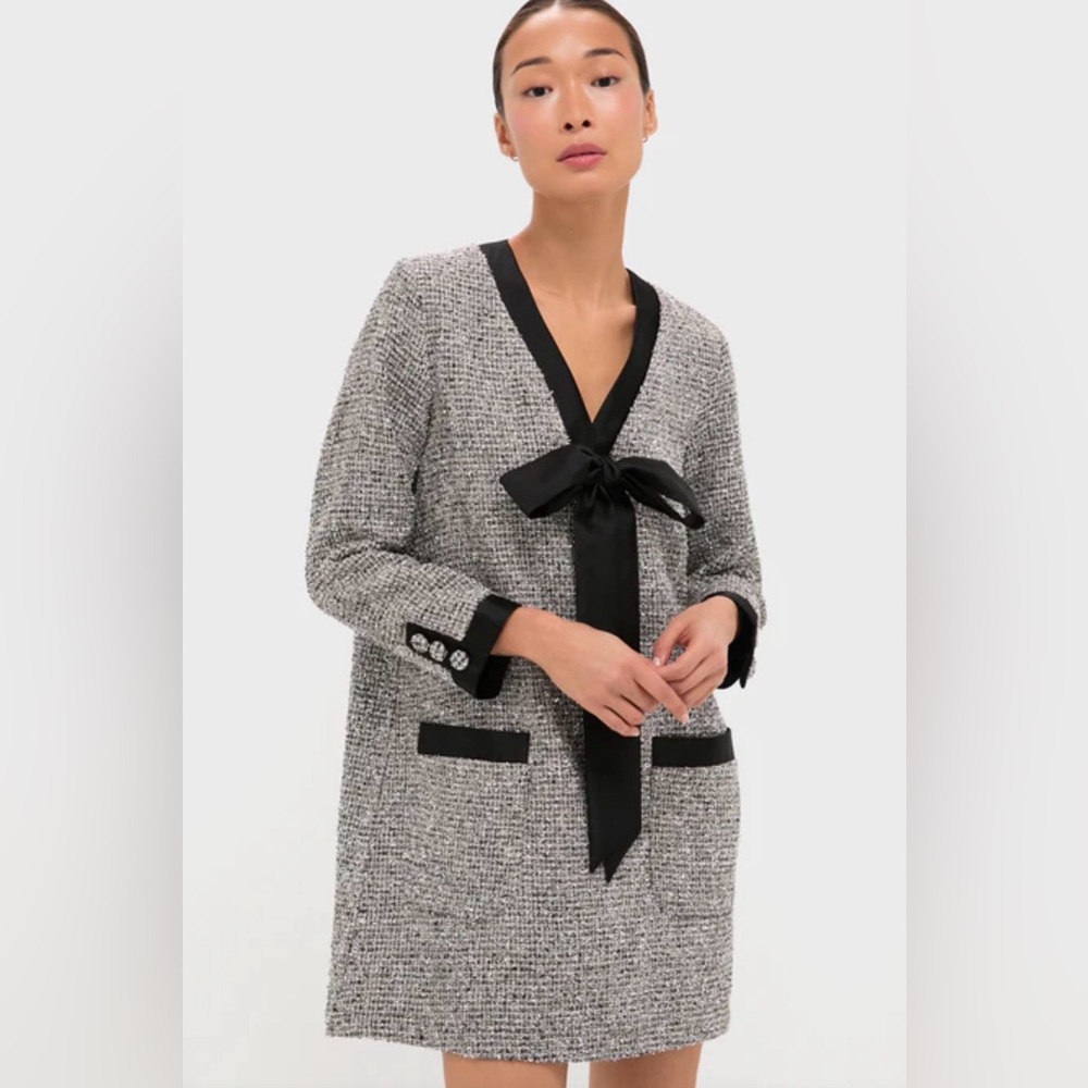 NWT POMANDER PLACE Silver Coco Tweed Bow Dress Medium